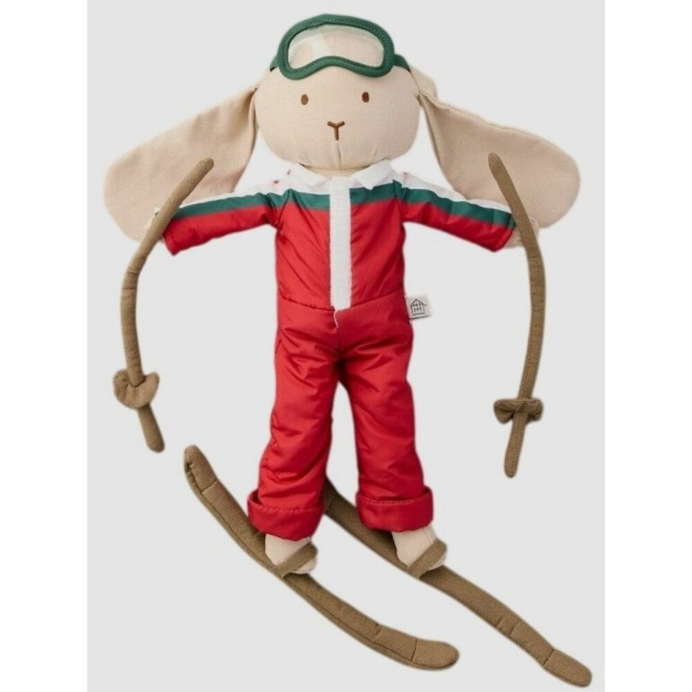 Heath & Hand Bunny Plush Toy In Red Ski Outfit With Skis & Poles 16"